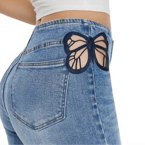 Elegant Denim Flare Jeans with Butterfly Accent